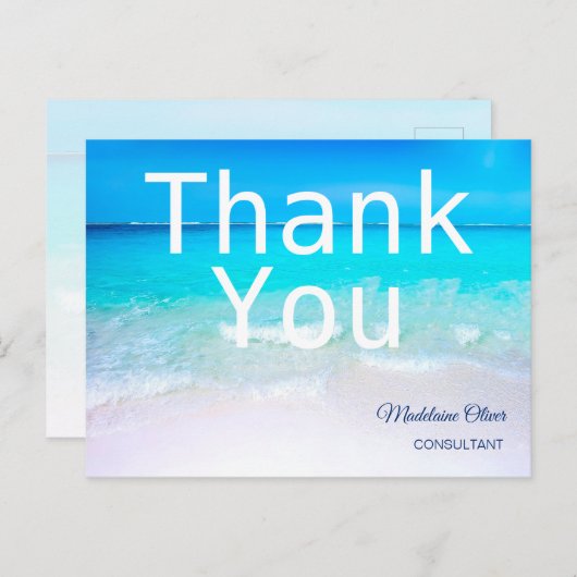 Carte Postale Scène océanique plage estivale bleu blanc Merci    (Devant / Derrière)