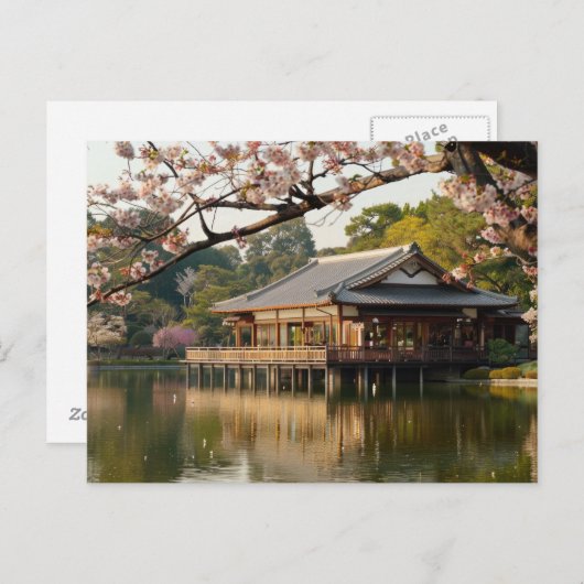 Carte Postale Scène printanière japonaise avec étang et fleurs d (Devant / Derrière)