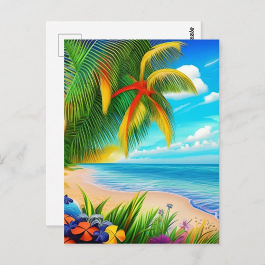 Carte Postale Scène Tropical Beach Palm Tree (Devant / Derrière)