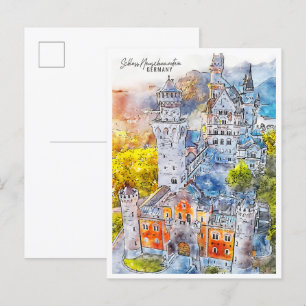 Carte Postale Schloss Neuschwanstein Allemagne voyage aquarelle