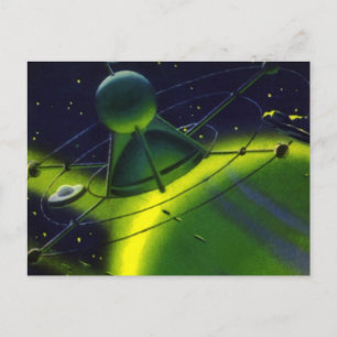 Carte Postale Science-fiction vintage Planète verte avec vaissea