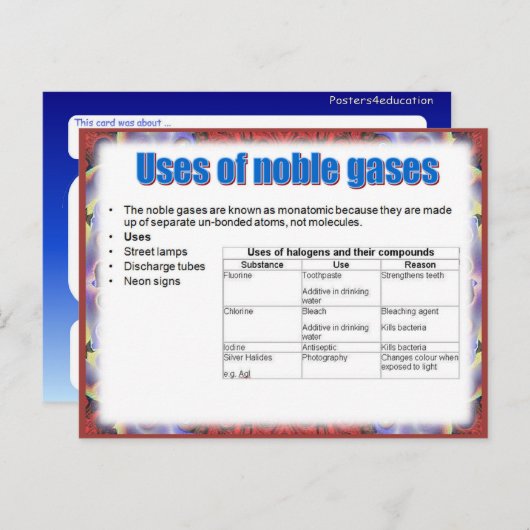 Carte Postale Science, Réactivité, Utilisation de gaz nobles (Devant / Derrière)
