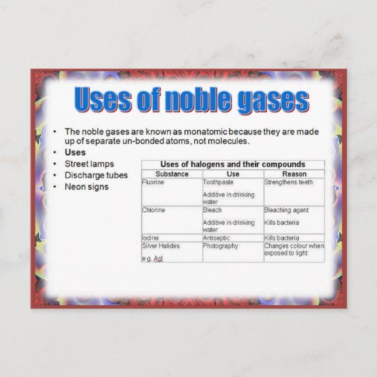 Carte Postale Science, Réactivité, Utilisation de gaz nobles (Devant)