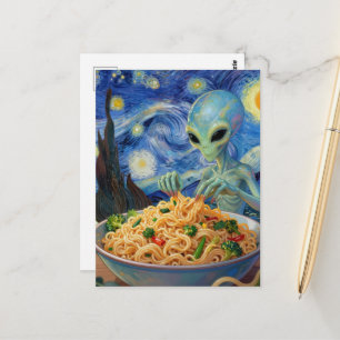 Carte Postale Scifi Bleu Alien Mangeant des Nouilles Légumes Van