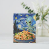 Carte Postale Scifi Blue Alien Eating Noodles Veggies Van Gogh (Debout devant)