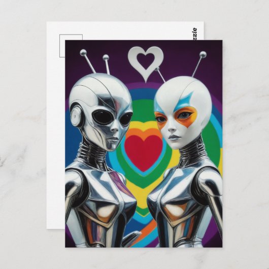 Carte Postale SciFi Female Robots in Love Rainbow Heart (Devant / Derrière)