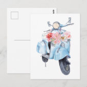 Carte Postale scooter bleu vintage avec fleurs (Devant / Derrière)