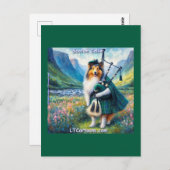 Carte Postale Scotch Collie Serenade – Bagpipes & Tartan Whimsy (Devant / Derrière)