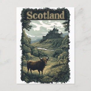 Carte Postale Scotland Design : Highland Cow, Castle, and Scener