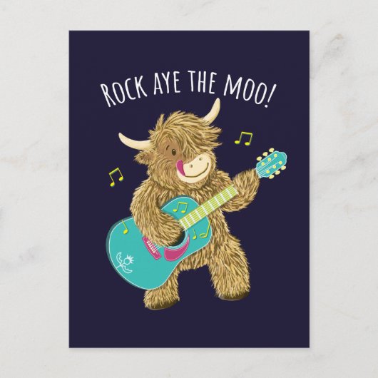 Carte Postale Scottish Highland Cow Guitarist Rock Aye The Moo! (Devant)