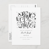 Carte Postale Script Black and White Hearts Enregistrer la date (Devant / Derrière)