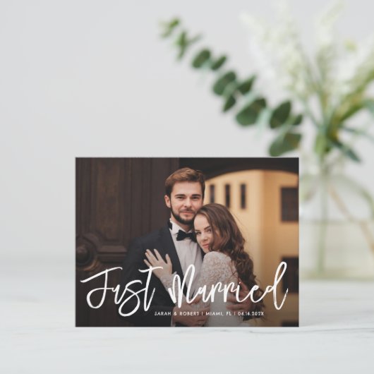 Carte Postale script blanc juste marié mariage faire-part (Debout devant)
