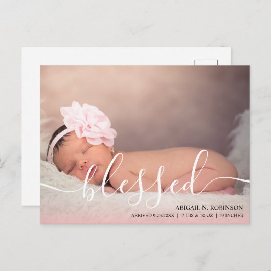 Carte Postale Script Blessé bébé fille photo Faire-part rose P (Devant / Derrière)