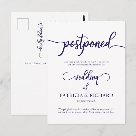 Carte Postale Script bleu marine Mariage reporté (Devant / Derrière)