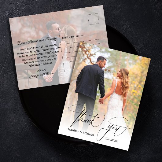 Carte Postale script chic moderne merci 2 photos mariage