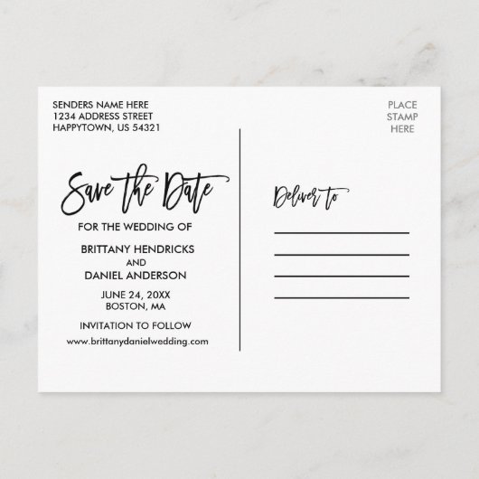 Carte Postale Script de brosse moderne Enregistrer notre date 4  (Dos)