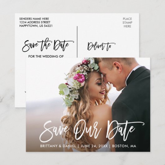 Carte Postale Script de brosse moderne Enregistrer notre photo d (Devant / Derrière)