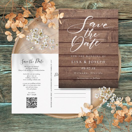 Carte Postale Script de code QR en bois rustique pour la date de