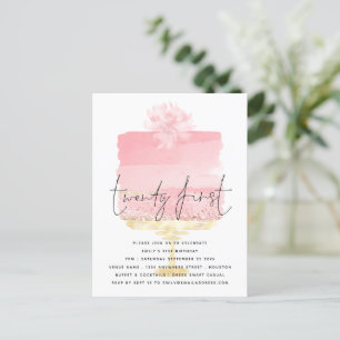 Carte Postale Script de gâteau rose moderne 21e anniversaire Inv