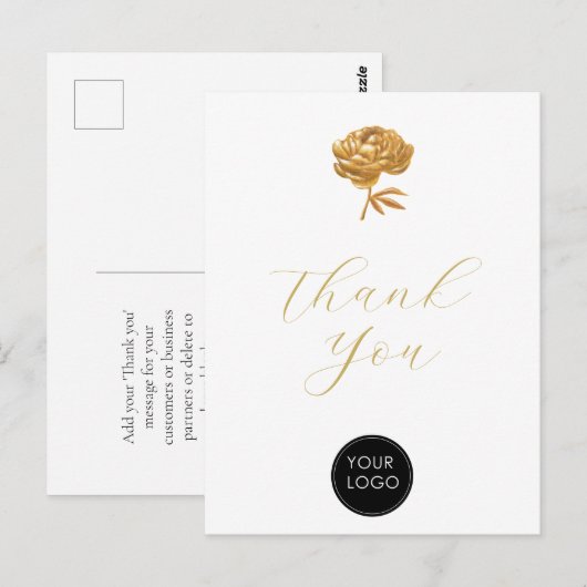 Carte Postale Script de logo d'entreprise Gold Peony Merci Blanc (Devant / Derrière)