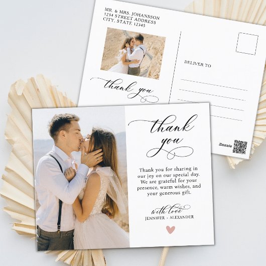 Carte Postale Script de Merci de Mariage de photo de coeur budgé