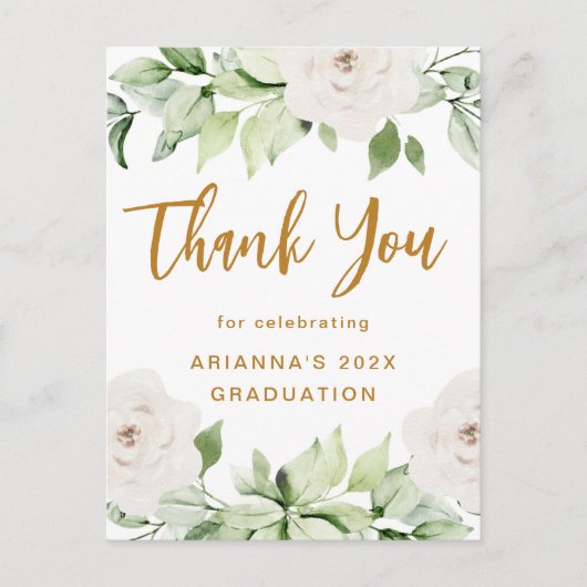 Carte Postale Script de remerciement de graduation florale blanc (Devant)