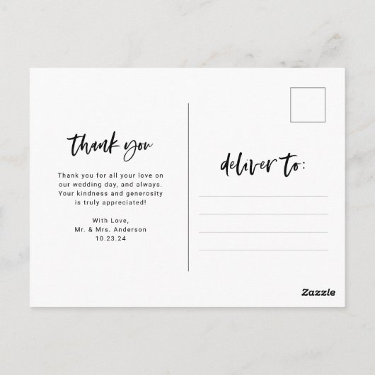 Carte Postale Script décontracté et photo | MERCI MARIAGE (Dos)