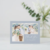 Carte Postale Script Dusty Blue Deux Mariage photo Merci (Debout devant)
