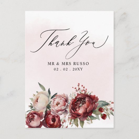Carte Postale Script élégant Burgundy Blush Floral Merci (Devant)