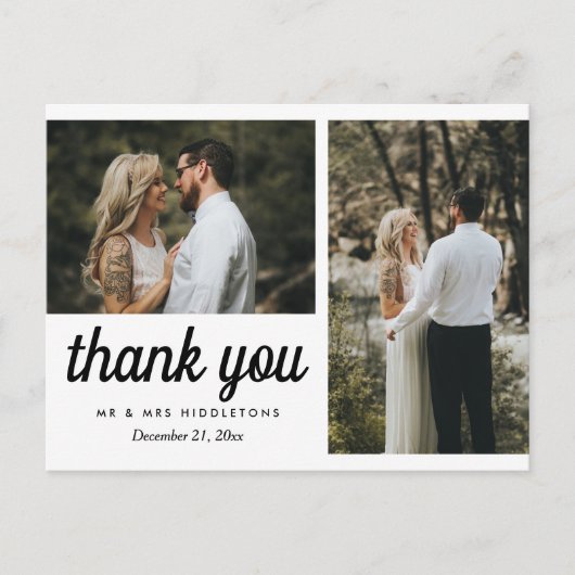Carte Postale Script élégant du Merci mariage | Deux photos (Devant)