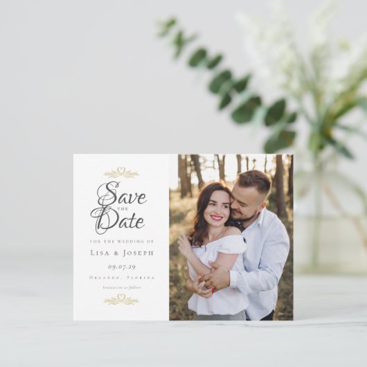 Carte Postale Script Enregistrer La Date Photo Mariage Élégant (Debout devant)