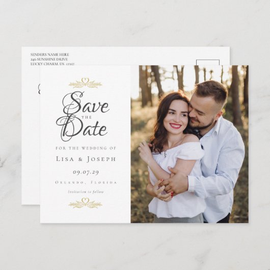 Carte Postale Script Enregistrer La Date Photo Mariage Élégant (Devant / Derrière)