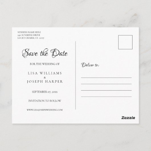 Carte Postale Script Enregistrer La Date Photo Mariage Élégant (Dos)