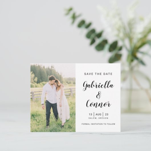 Carte Postale Script et photo Mariage simple Enregistrer la date (Debout devant)