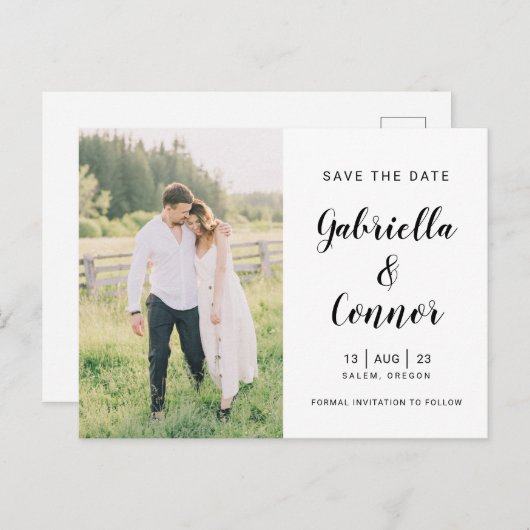 Carte Postale Script et photo Mariage simple Enregistrer la date (Devant / Derrière)