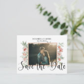 Carte Postale Script Floral Photo Wedding Enregistrer la date (Debout devant)