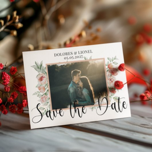 Carte Postale Script Floral Photo Wedding Enregistrer la date