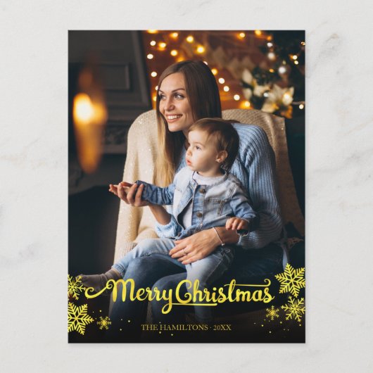 Carte Postale Script Gold Foil Photo Snowflon Noël (Devant)