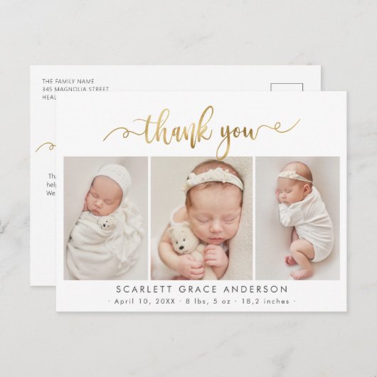 Carte Postale Script Gold moderne Baby Photo Collage Merci (Devant / Derrière)
