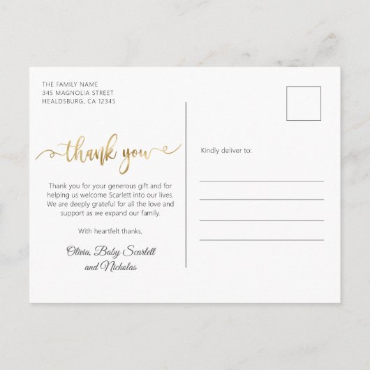 Carte Postale Script Gold moderne Baby Photo Collage Merci (Dos)