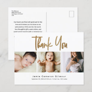 Carte Postale Script Gold moderne Custom 3 photo Baby Merci