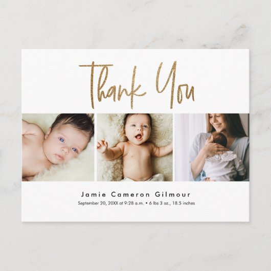 Carte Postale Script Gold moderne Custom 3 photo Baby Merci (Devant)