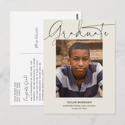Carte Postale Script informel Moderne 1-Photo Graduation (Devant / Derrière)