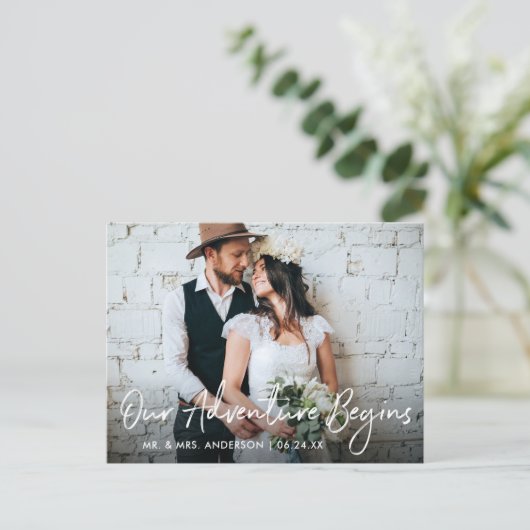 Carte Postale Script Mariage manuscrit Notre Merci d'aventure (Debout devant)