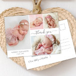Carte Postale Script moderne 4 Photo Collage Merci bébé<br><div class="desc">Calligraphie moderne élégant Script 4 Photo Collage Baby Girl Merci Carte postale. Dispose d'une belle calligraphie manuscrite merci swash tail script de police et votre message personnel. Facile à personnaliser avec vos photos et détails bébé.</div>