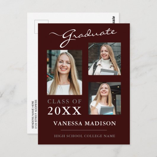 Carte Postale Script moderne Bourgogne Faire-part des diplômés (Devant / Derrière)