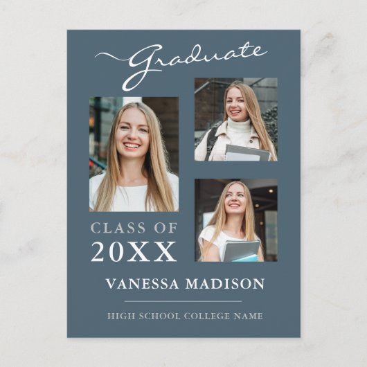Carte Postale Script moderne Dusty Blue Graduate Faire-part (Devant)