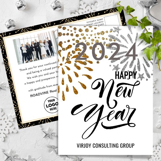 Carte Postale Script moderne Gold Silver Fireworks Photo d'entre