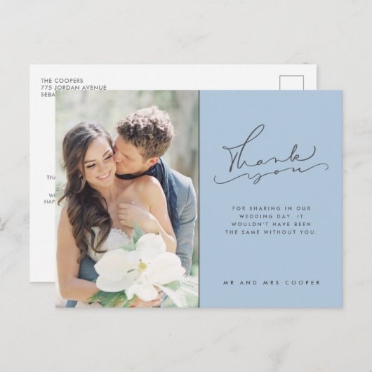Carte Postale Script moderne Photo Mariage bleu Merci (Devant / Derrière)