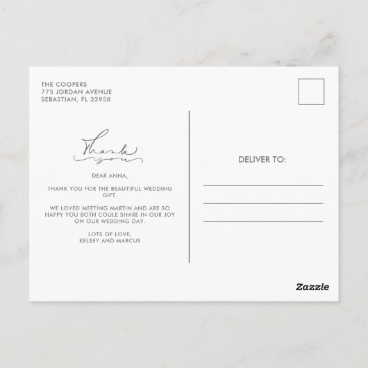 Carte Postale Script moderne Photo Mariage bleu Merci (Dos)